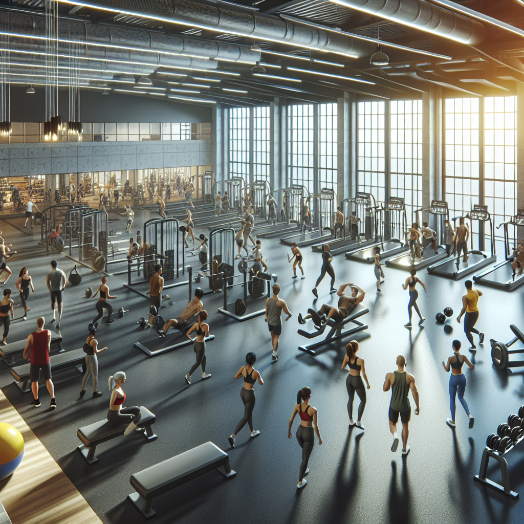 Interior of a modern, spacious gym with people exercising and diverse workout equipment, embodying the atmosphere of a Crunch Fitness center.