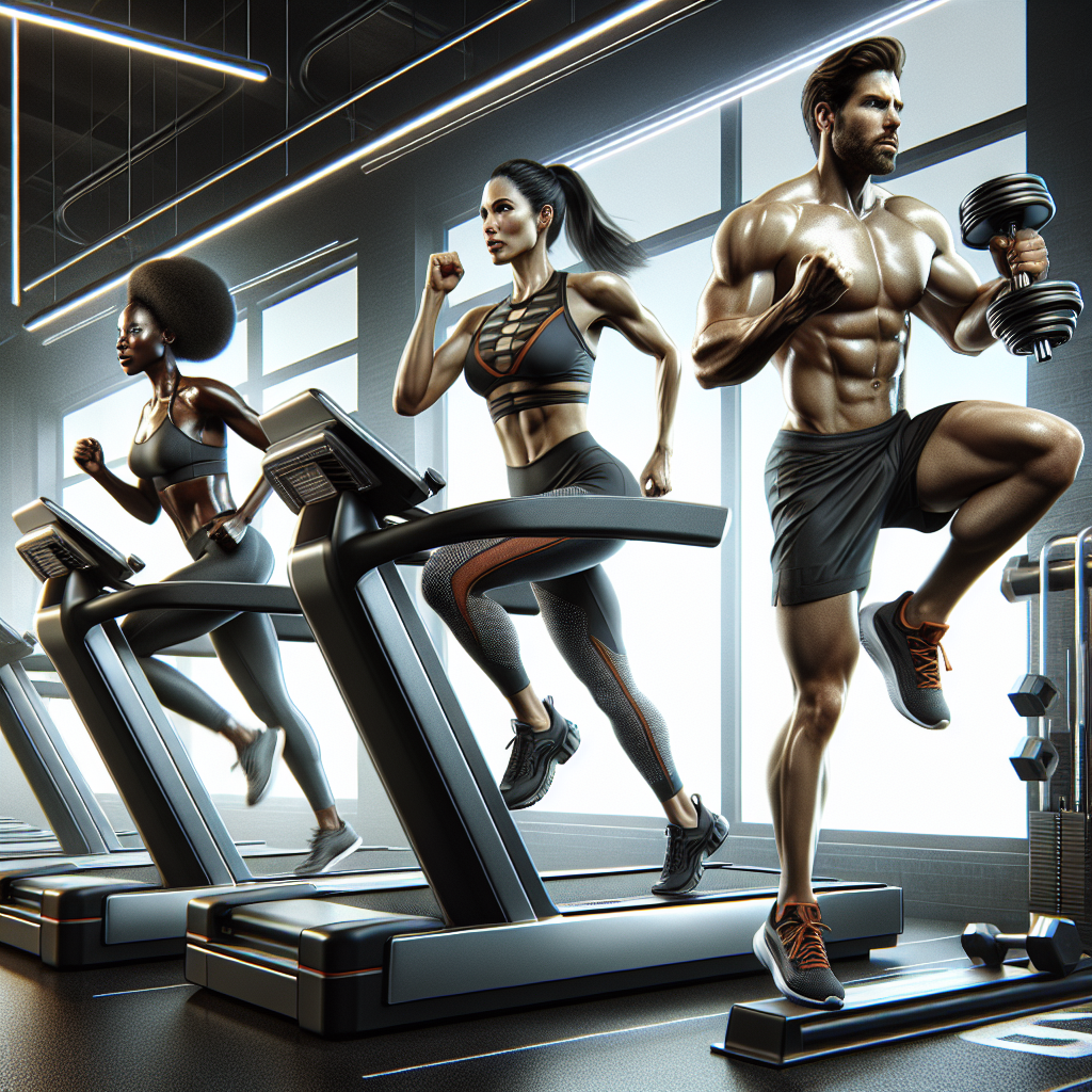 A realistic gym scene with individuals doing different fat-burning exercises like HIIT, weightlifting, and bodyweight exercises, in a contemporary gym setting.