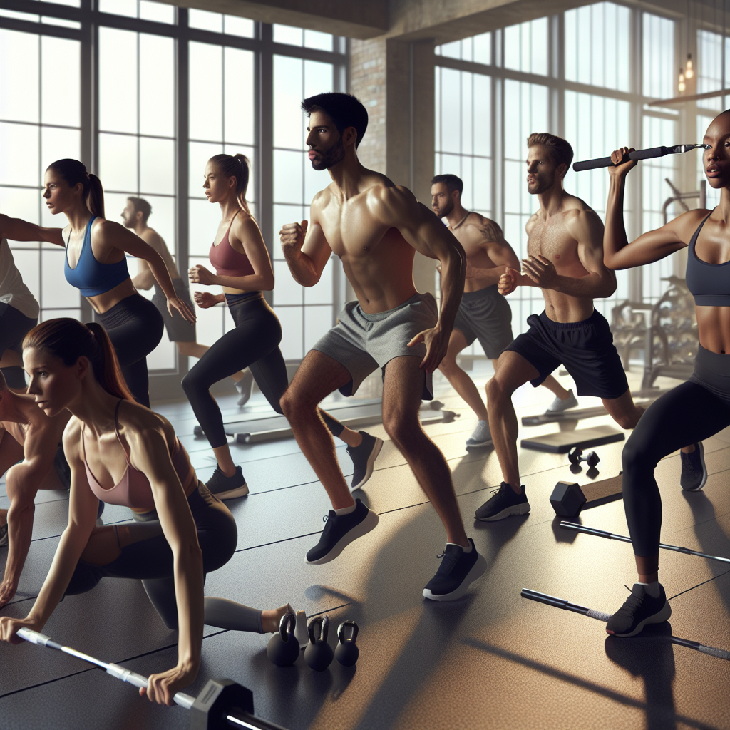 A diverse group of people doing fat-burning exercises in a bright, modern gym.