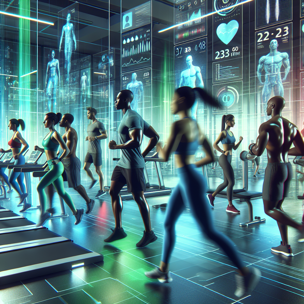 Diverse fitness enthusiasts in a futuristic gym with digital interfaces showing health metrics.