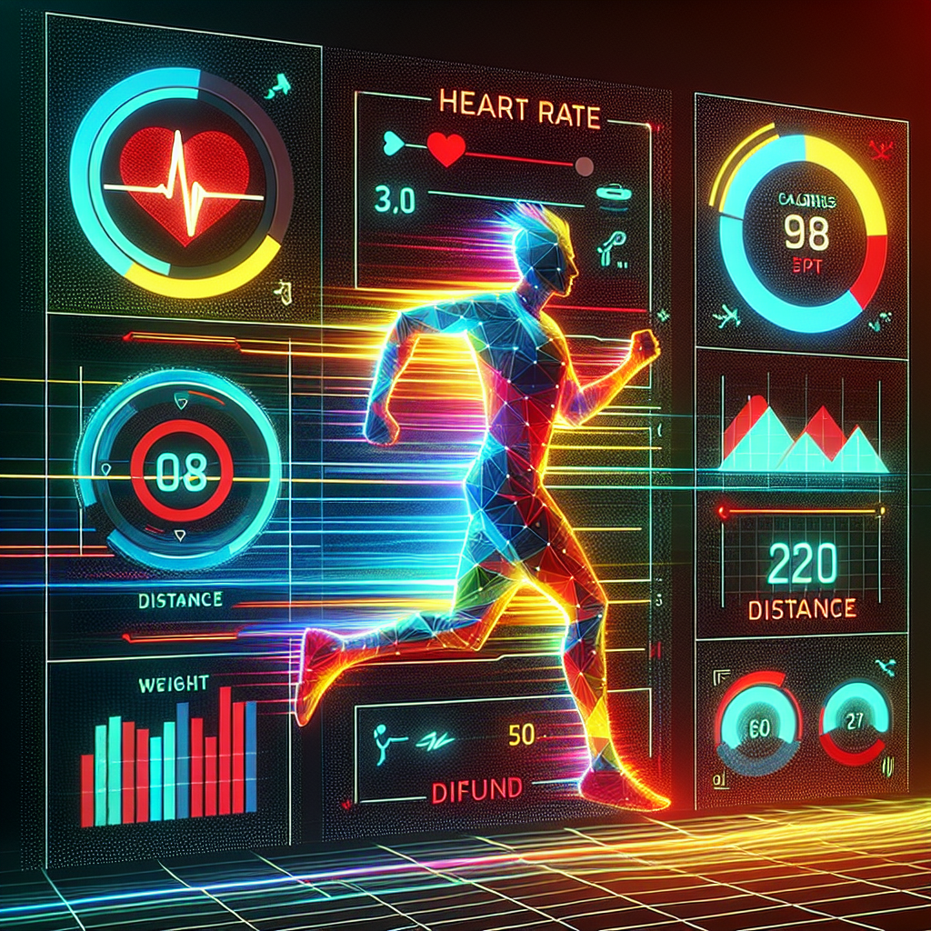 A modern digital fitness dashboard with personal health metrics and an abstract silhouette of a running human figure.