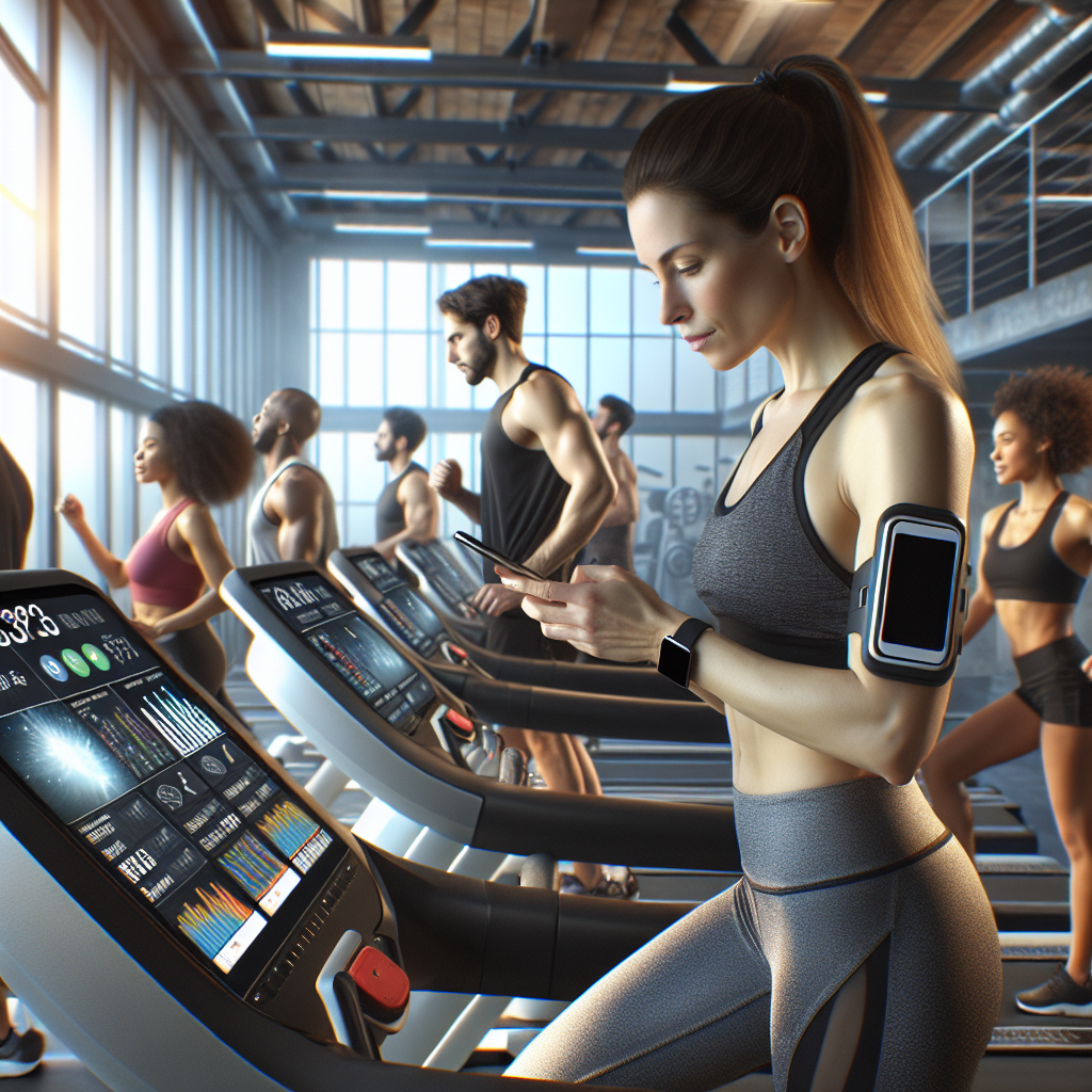 A lively, diverse group of people using technology-augmented gym equipment in a modern fitness center.