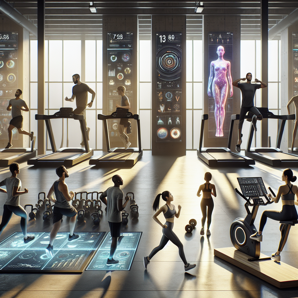 Diverse group of people using wearable tech while performing fitness activities in a futuristic gym.