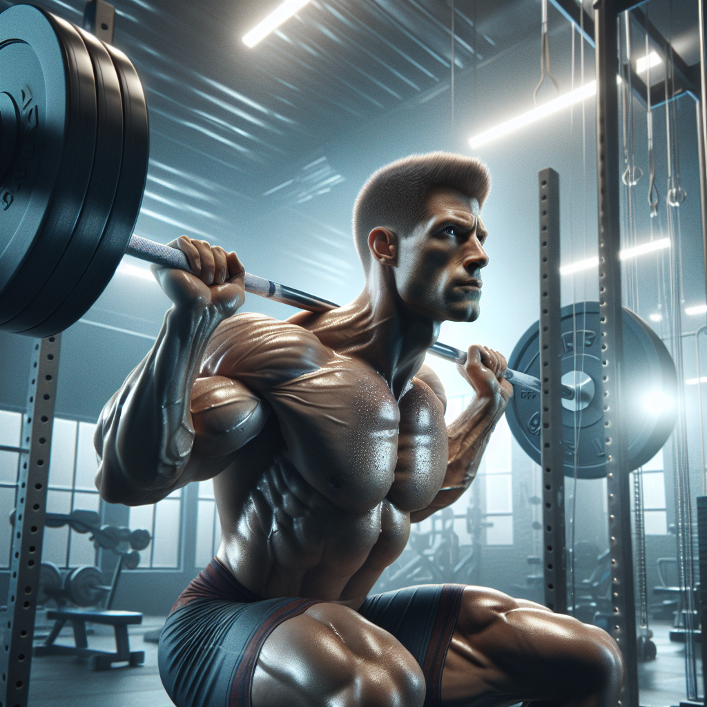 Hyper-realistic gym setting showing a male natural lifter performing a barbell squat, with a focus on muscle definition and the intensity of the workout.