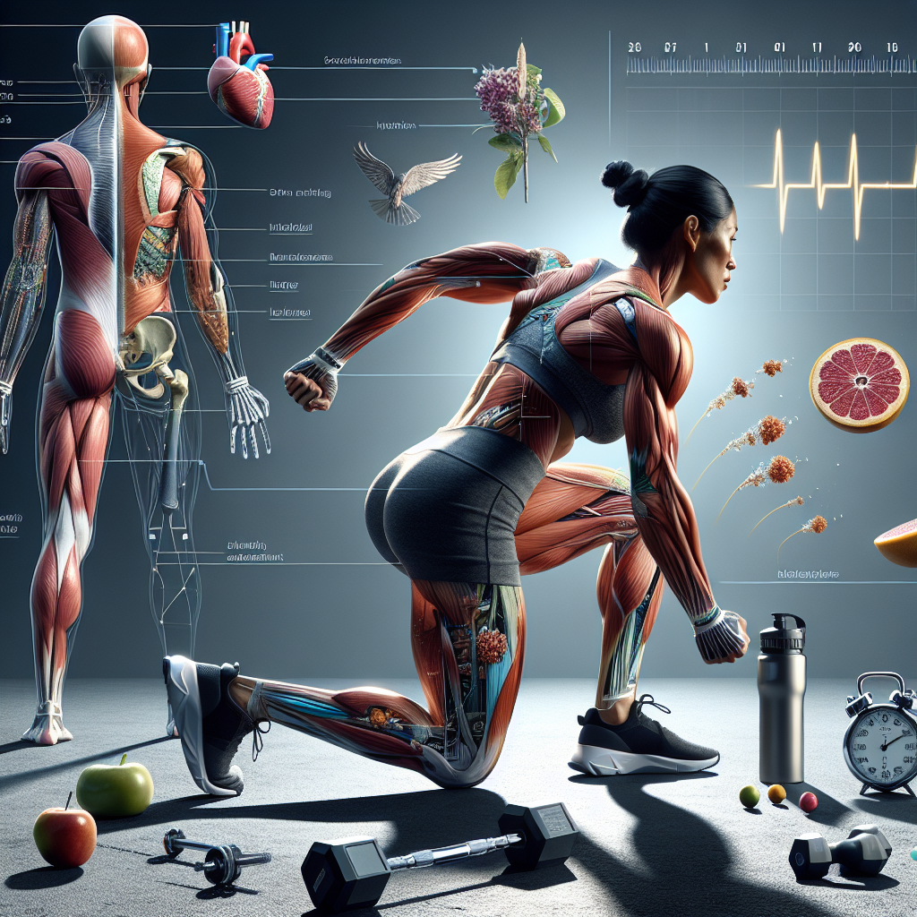 Realistic image of a person working out, with elements representing exercise science such as a stopwatch, water bottle, healthy food, and anatomical illustrations.