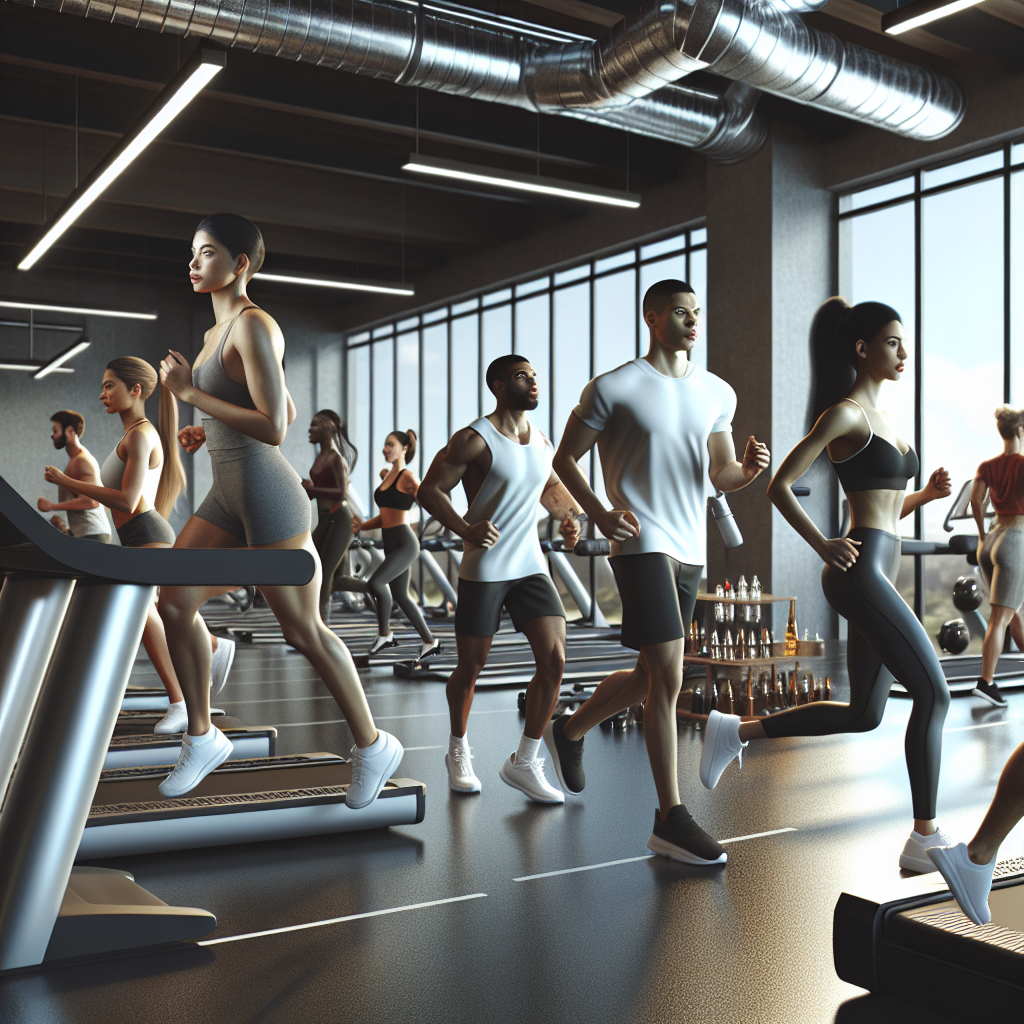 A realistic scene inside a gym with people doing different kinds of exercises, including cardio, strength training, and yoga.