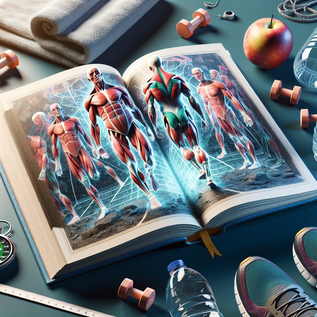 Conceptual 3D art of human anatomy showing muscles and cardiovascular system in exercise, with fitness-related items around an open book.