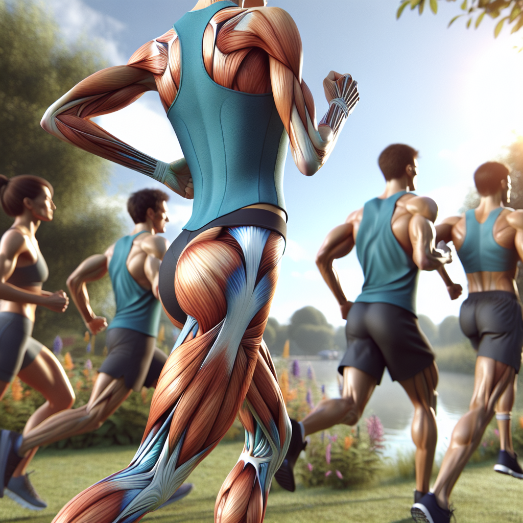 An image of a diverse group of runners in a park, focusing on a muscular female runner leading. The runners are shown in motion, highlighting their engaged muscles and coordination in an early morning setting.