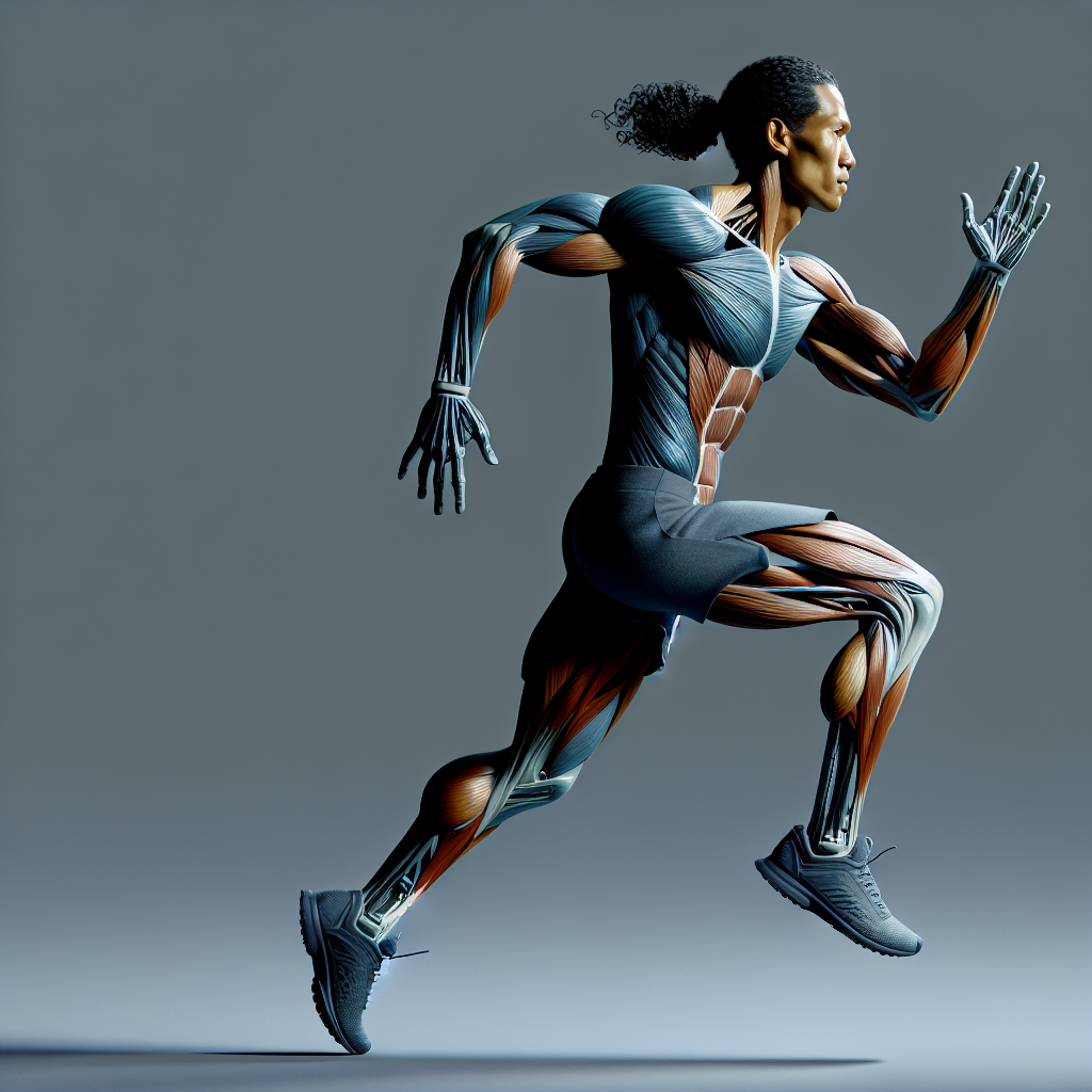 Realistic image of an athletic figure demonstrating muscle engagement while running, with an emphasis on the dynamics of the full-body workout.