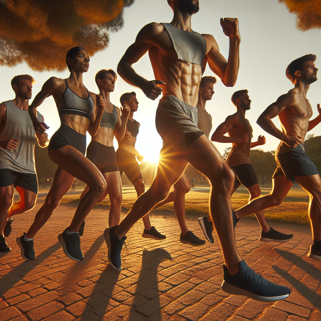 A group of runners exhibiting full-body muscle engagement in a park at sunrise, highlighting running as a full-body workout.