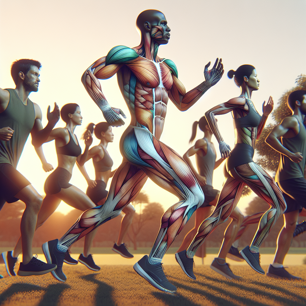 Illustration of diverse people running in a park at dusk with highlighted muscles involved in running