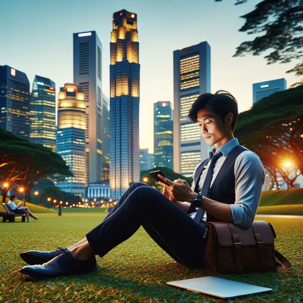 A relaxed professional enjoying a sunset in a park with the Singapore skyline in the background, symbolizing work-life balance.