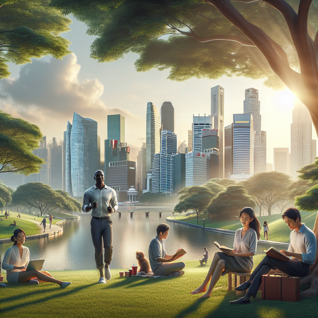 A serene park scene in Singapore, with professionals enjoying various activities, and the city skyline in the background, representing work-life balance.