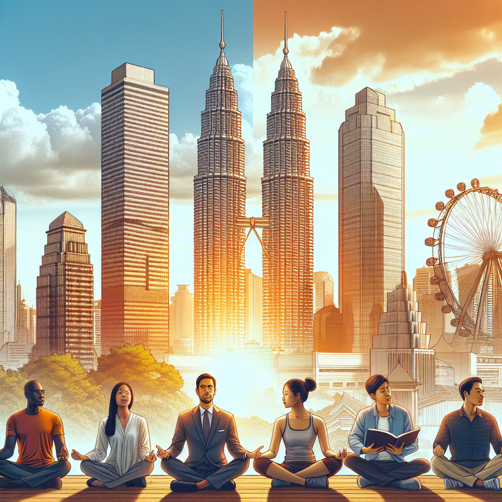 Panoramic skyline of Singapore with diverse relaxed professionals and landmarks, representing work-life balance during golden hour.