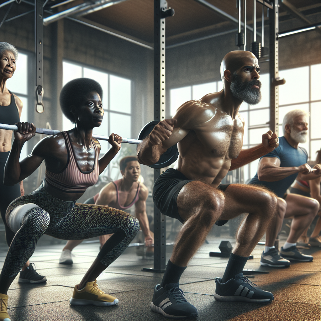 Diverse group of people performing various workouts in a gym, highlighting muscle definition and intense training without showing full faces.