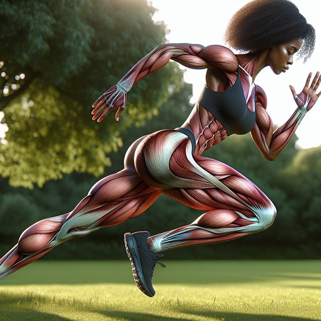 Realistic side view of a runner in a park, emphasizing muscle groups engaged during running.