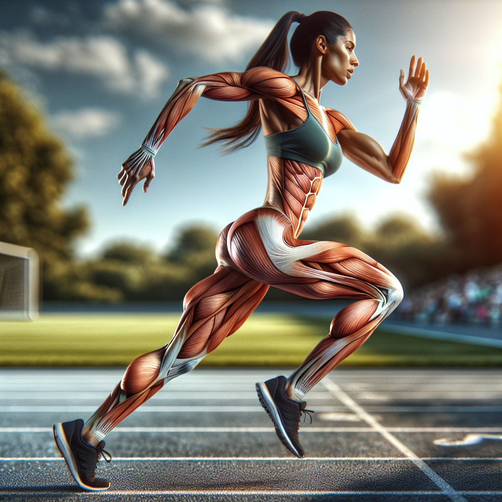 Realistic depiction of a runner's lower body on a track, highlighting engaged leg muscles and core stability, with a park background indicating motion.