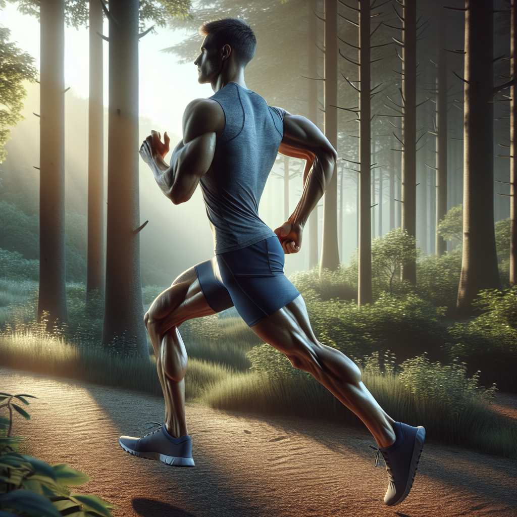 Hyper-realistic image of a runner mid-stride on a forest trail at sunrise, with emphasis on engaged leg and core muscles, dressed in modern athletic gear.