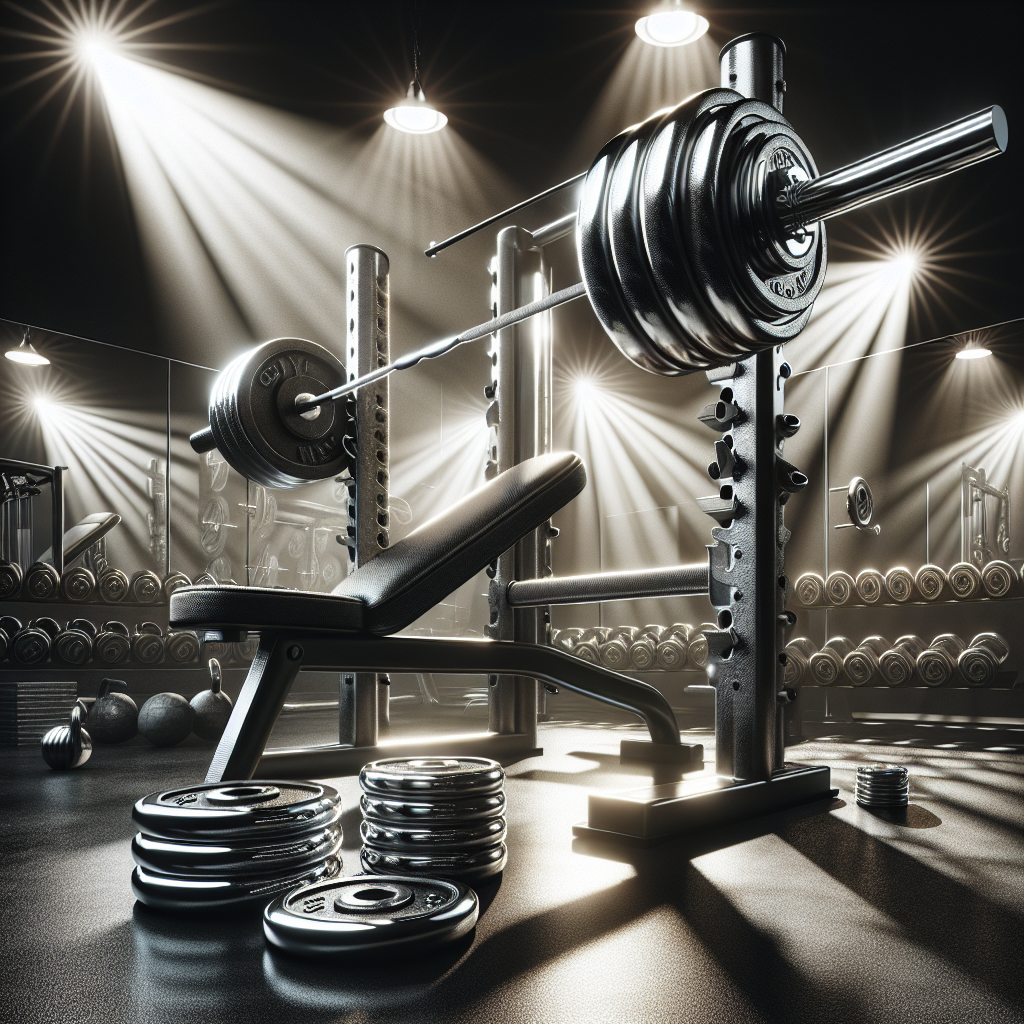 Heavy gym weights and equipment arranged dynamically in a gym environment under dramatic spotlights, symbolizing muscle growth through gym workouts.