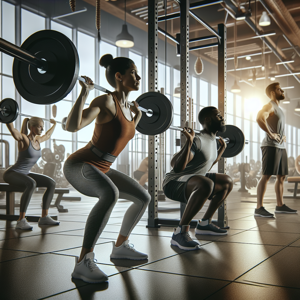 Realistic scene of people performing muscle-building exercises including squats, deadlifts, and bench presses in a modern gym setting.