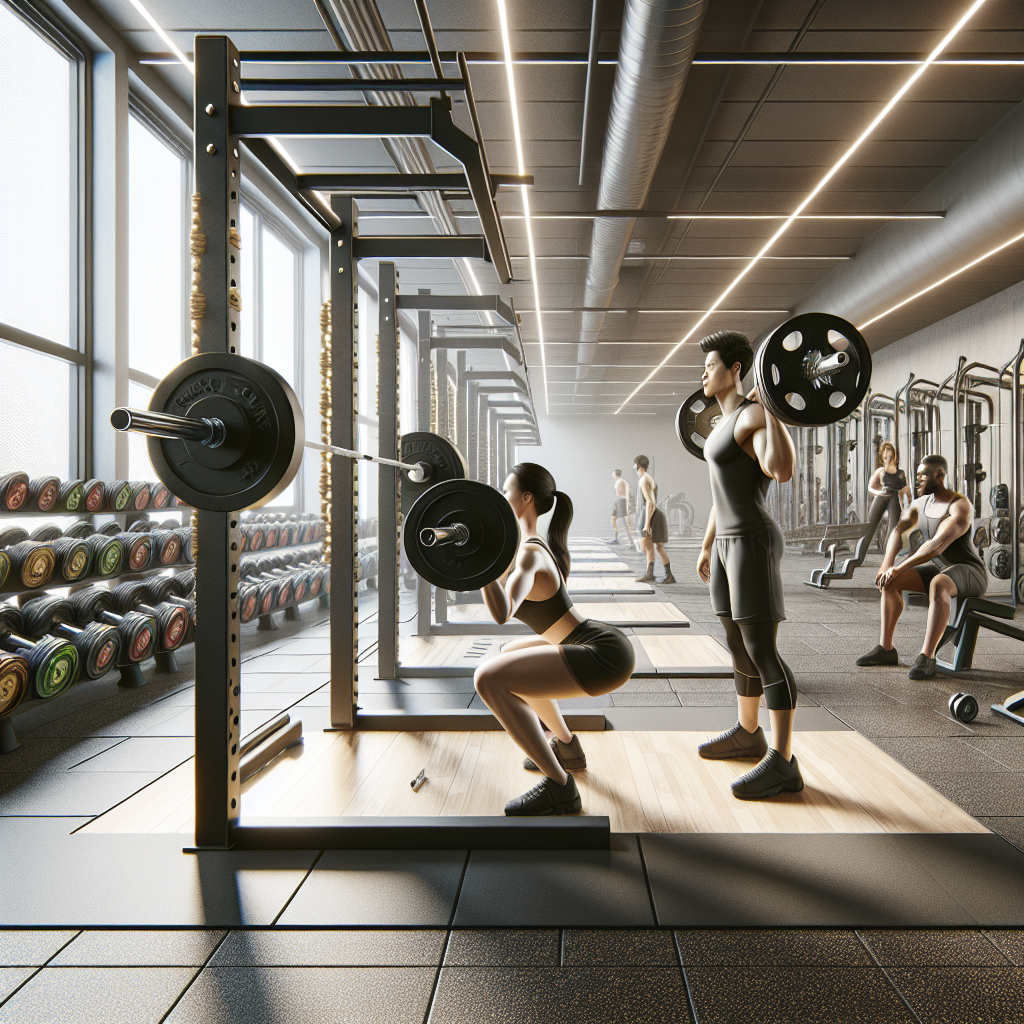 Realistic interior of a gym focusing on muscle building exercises: squatting, deadlifting, and bench pressing performed with proper form.