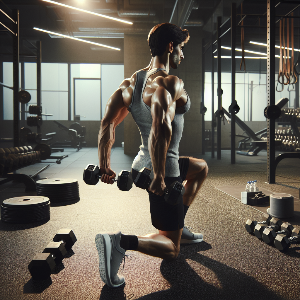 A person performing the Y Raise exercise in a gym setting, wearing a gray tank top and black shorts, focusing on the shoulder muscles, with gym equipment in the background.