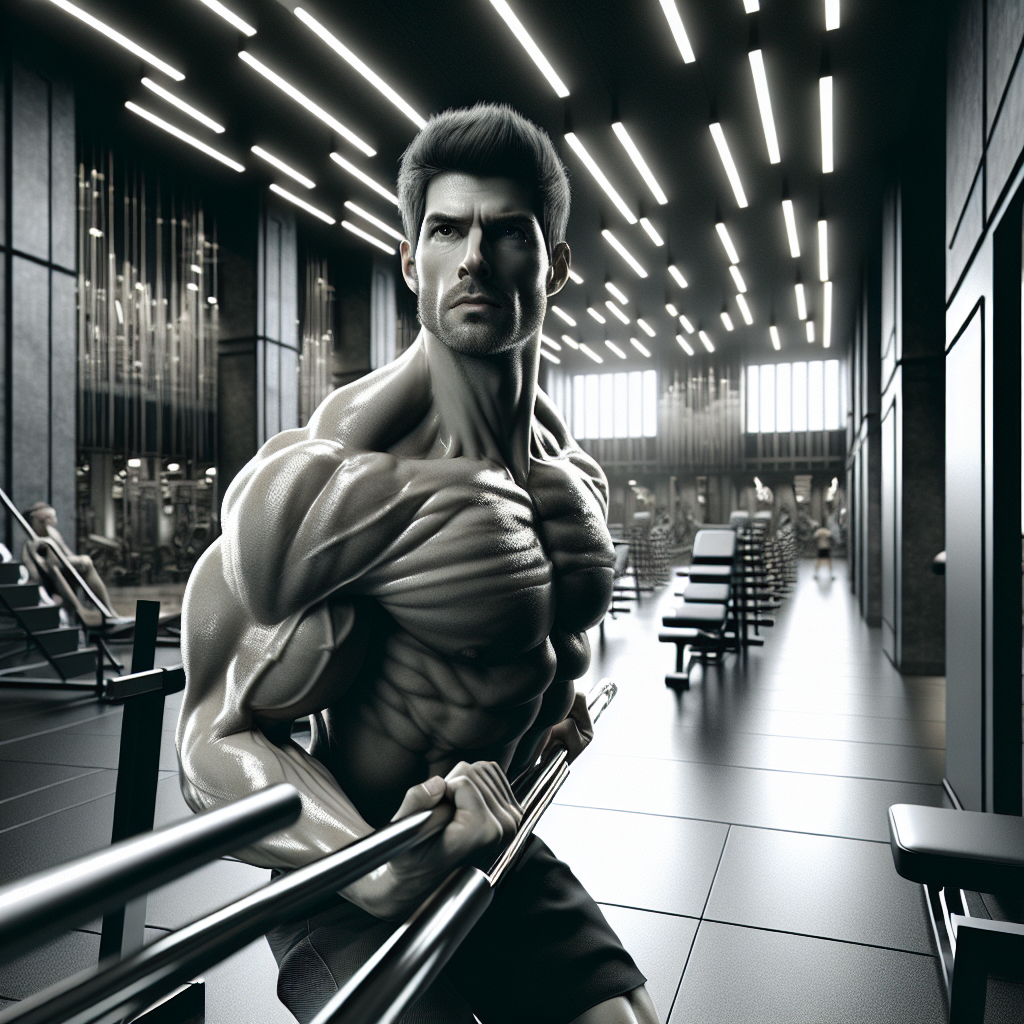 Realistic image of a muscular Ernest Khalimov working out in a modern gym, embodying the intensity of his disciplined fitness philosophy.