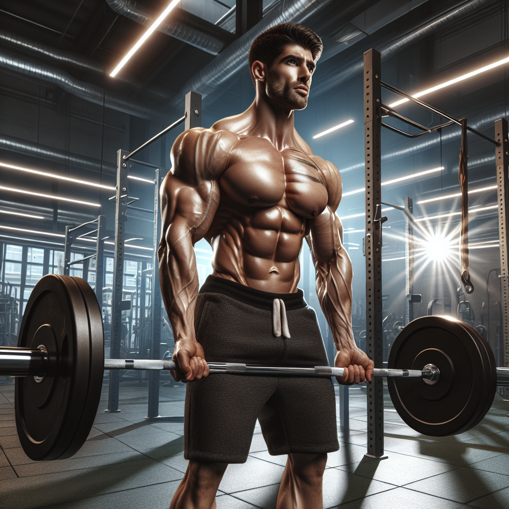 Ernest Khalimov lifting weights in a gym, displaying his fit physique and focused demeanor, embodying his fitness philosophy.