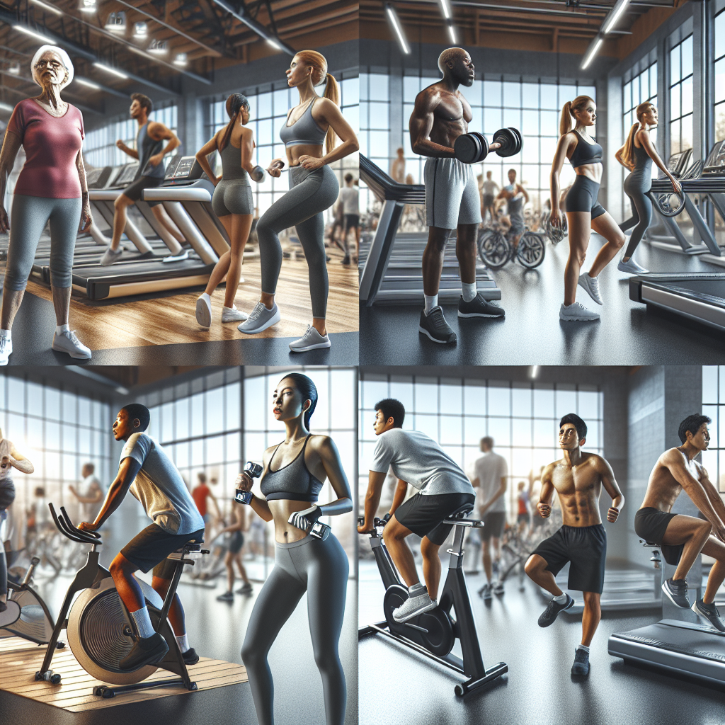 People of various backgrounds doing different workouts in a gym, illustrating an energetic and motivating fitness environment.