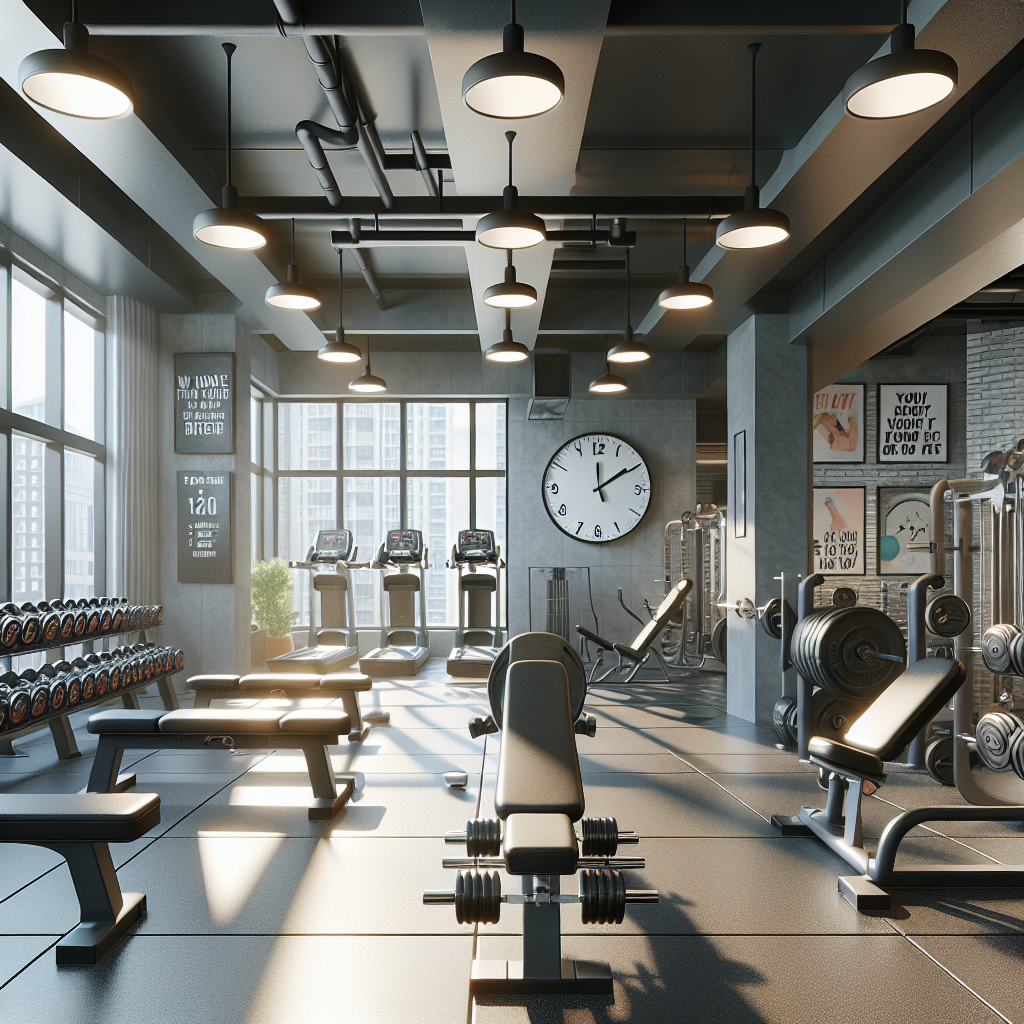 A realistic image of a modern gym interior with various workout equipment like dumbbells, barbells, a bench press, and a treadmill.