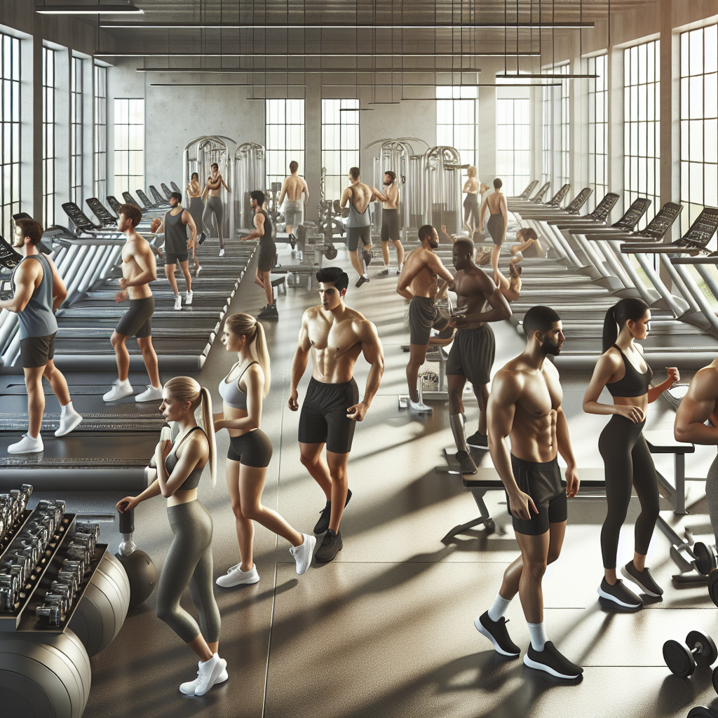 A modern gym interior with people exercising and various workout equipment.