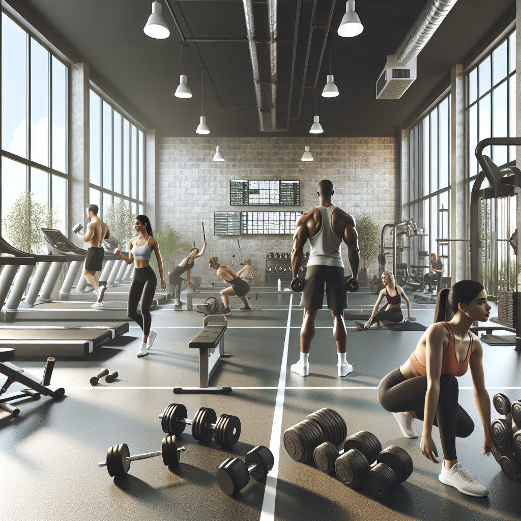 A modern gym interior showing various workout setups with people exercising.