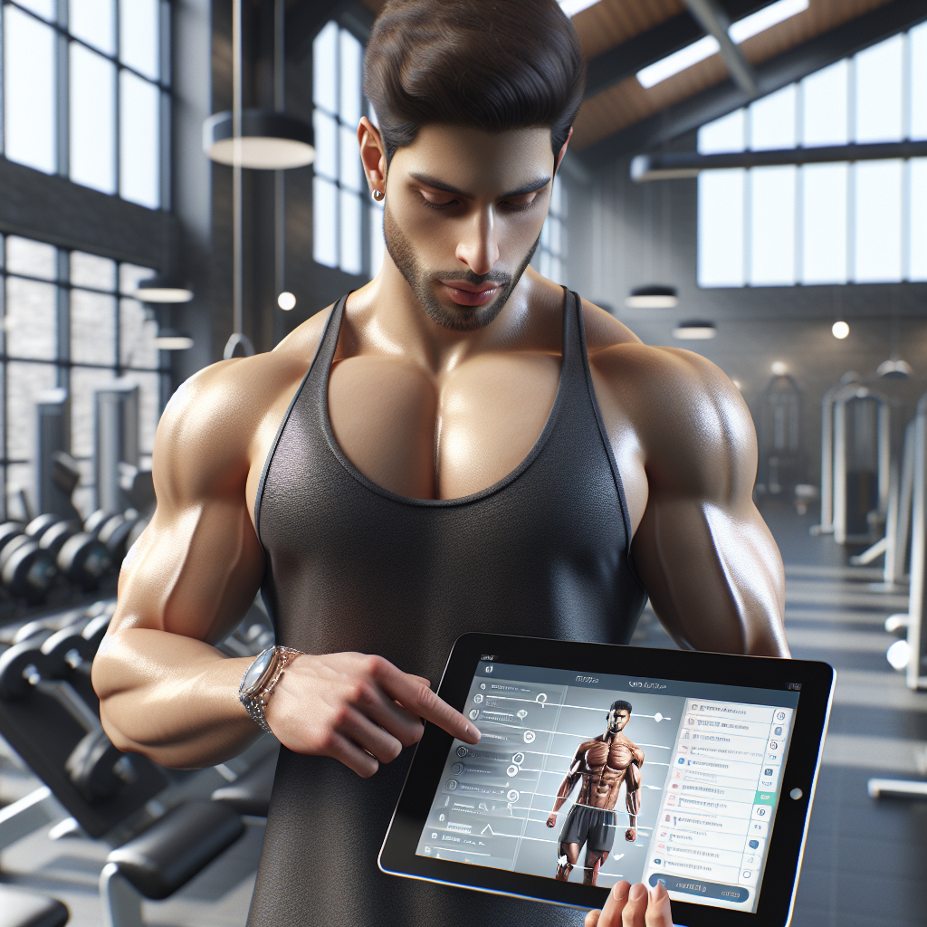 A fit young adult using a tablet displaying a workout plan generator interface in a modern gym.