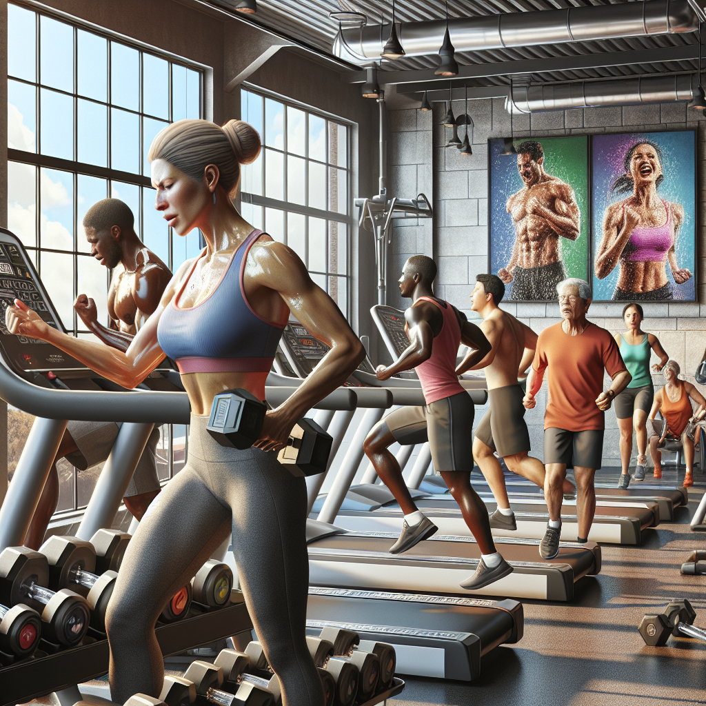 People of different ages and fitness levels working out in a well-equipped, modern gym.