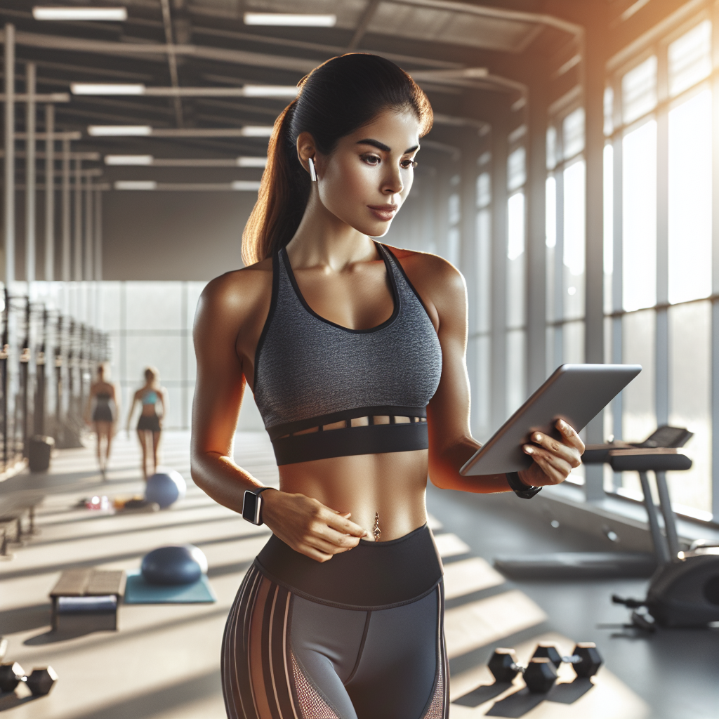 A young woman using a workout plan generator on a tablet in a bright gym.