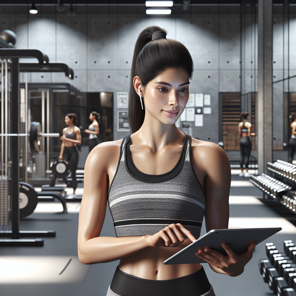 A young woman in athletic wear using a tablet in a modern gym.