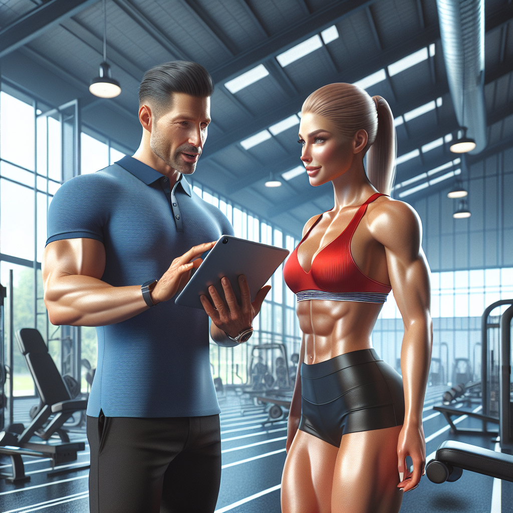 An athletic coach discussing nutrition with a fit athlete in a modern sports facility.