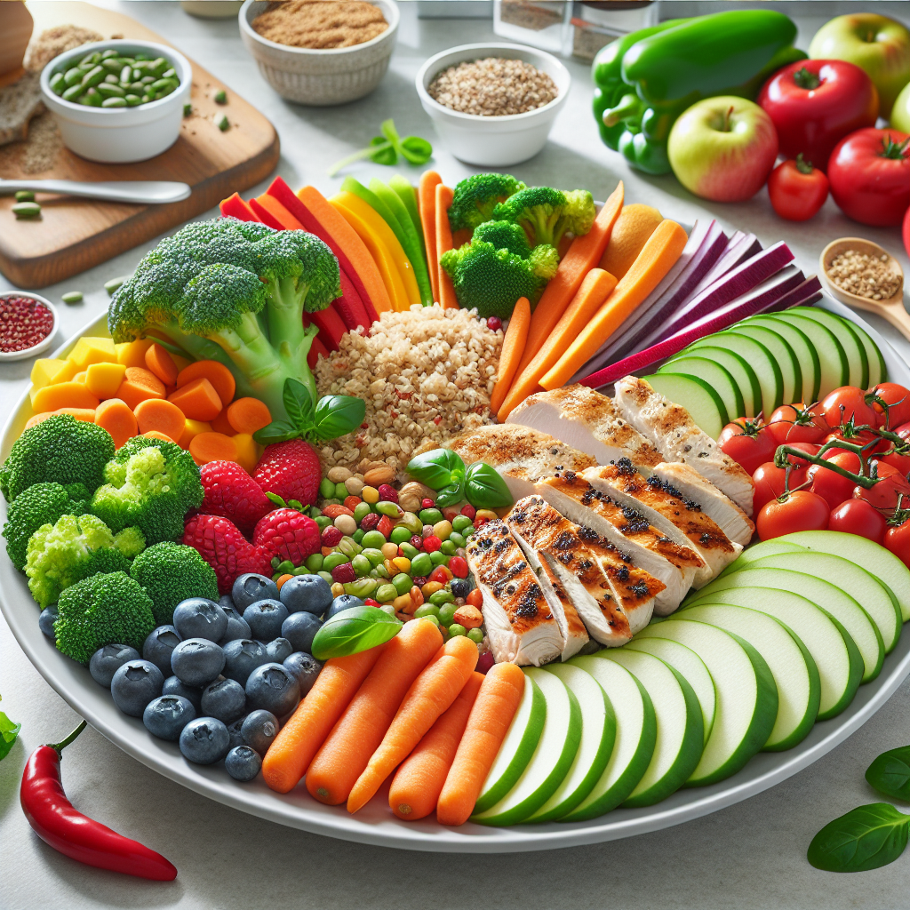 A balanced meal plate with fresh vegetables, lean proteins, whole grains, and fresh fruit slices in a clean kitchen setting.