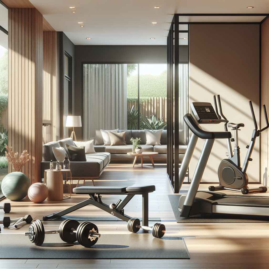 A well-equipped home gym featuring essential workout equipment like dumbbells, treadmill, stationary bike, resistance bands, and weight bench in a modern, organized room.