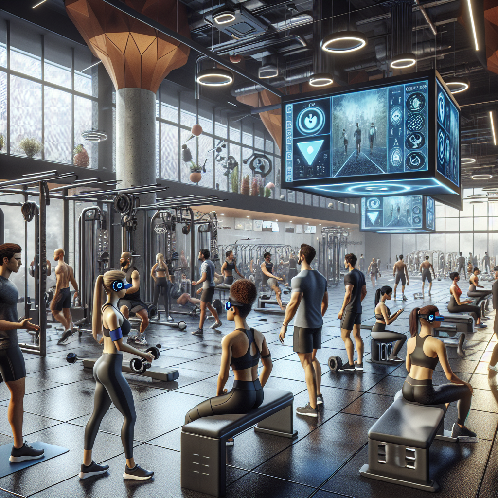 Modern gym with people using innovative fitness strategies like fitness trackers, VR workouts, and advanced training equipment.