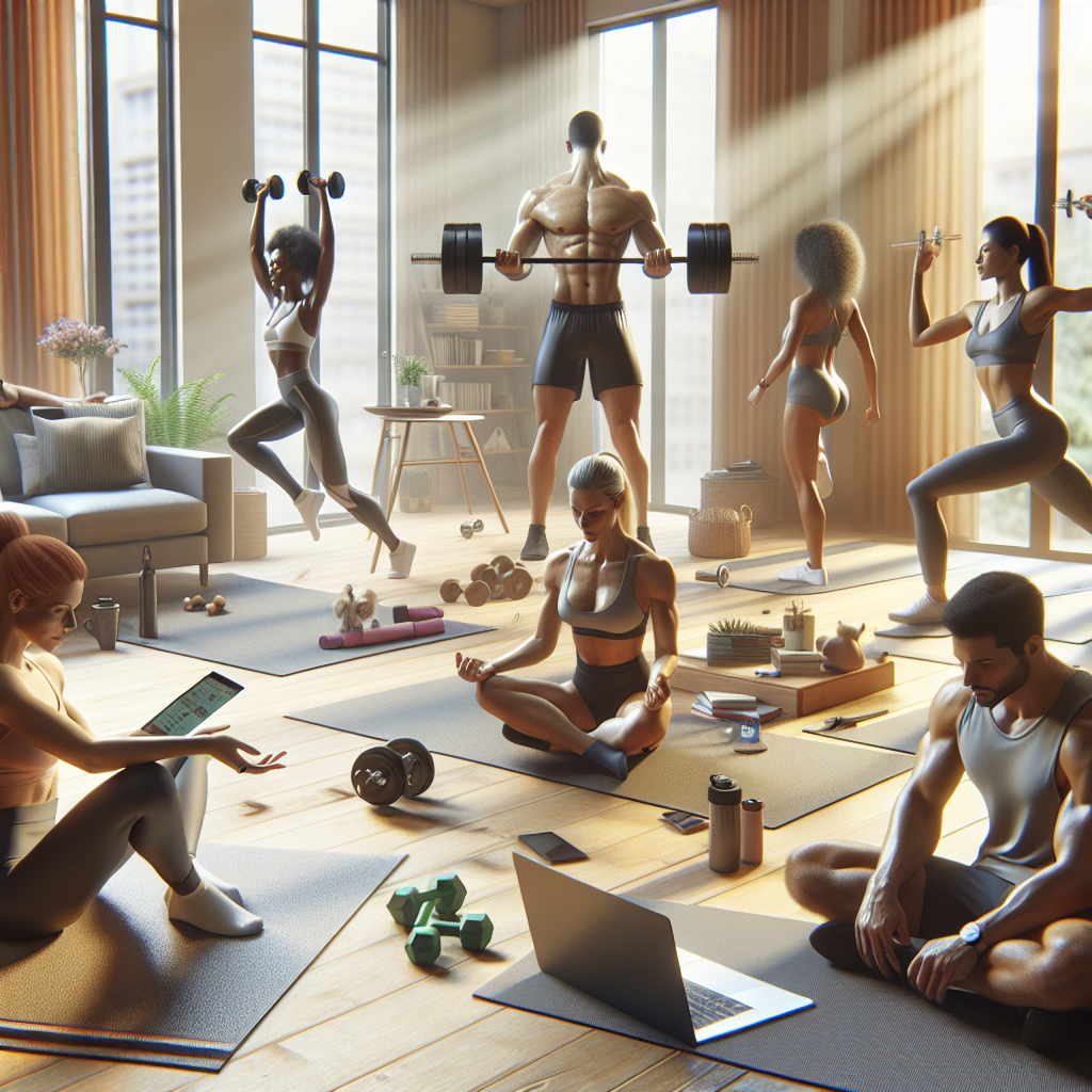 People of different fitness levels working out at home using online workout plans on their devices.