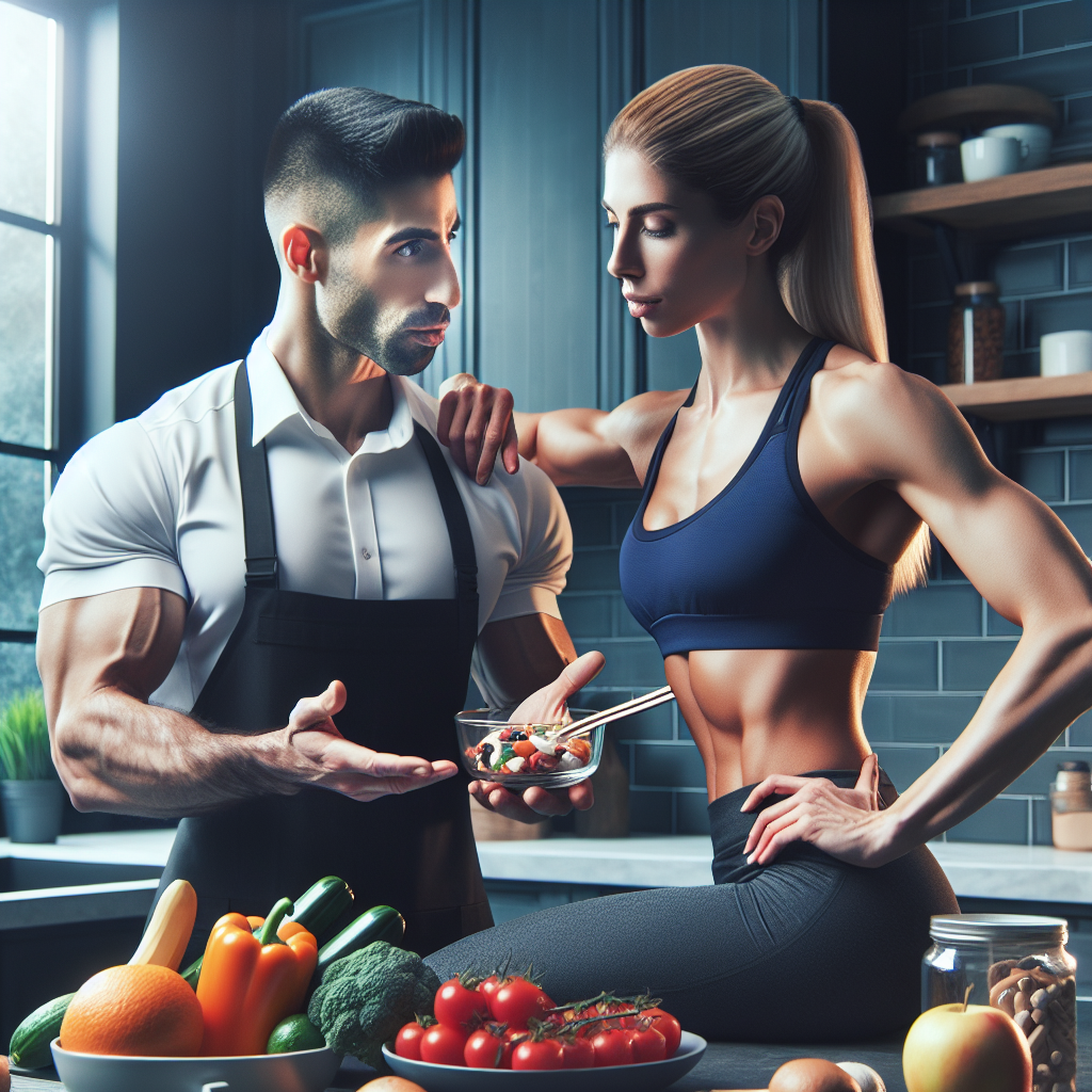 A nutrition coach and a female athlete discussing a meal plan in a modern kitchen.