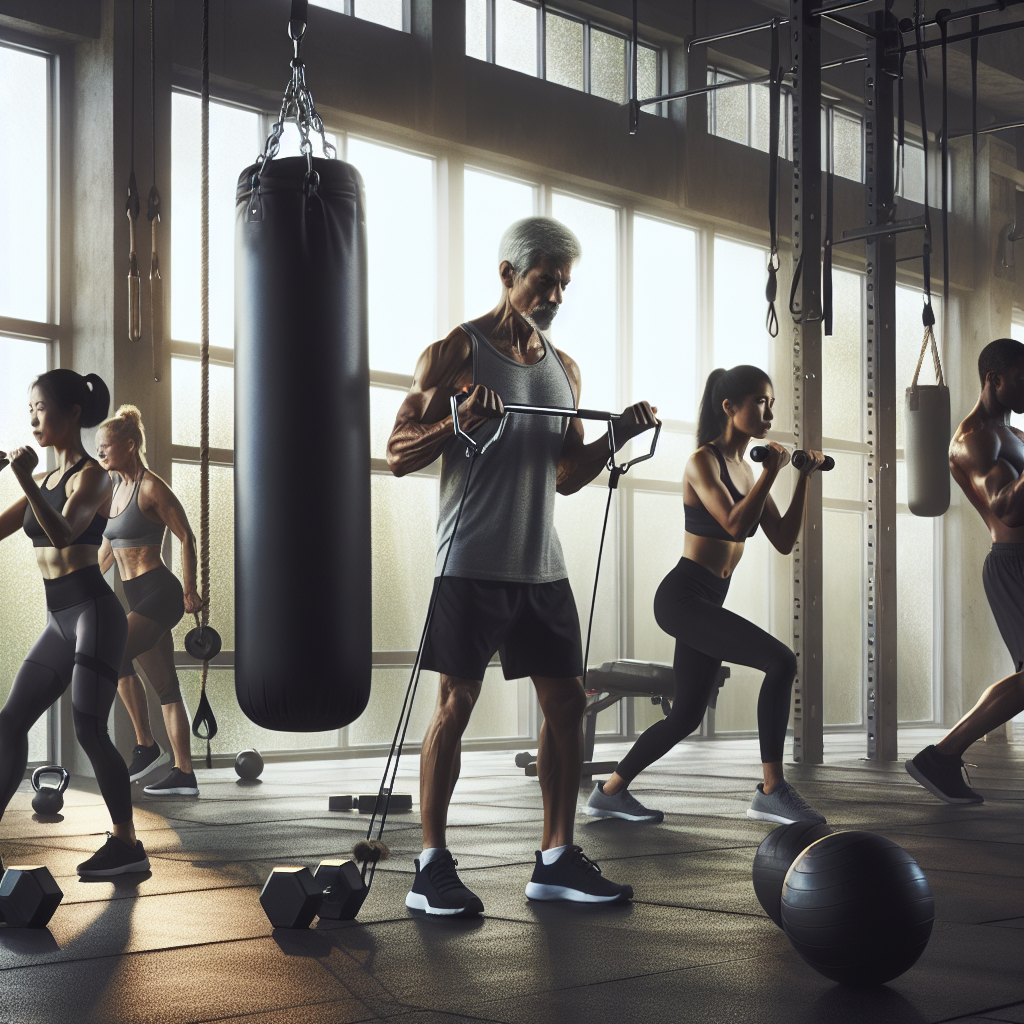 People of different ages and body types engaged in various strength training exercises in a modern gym.