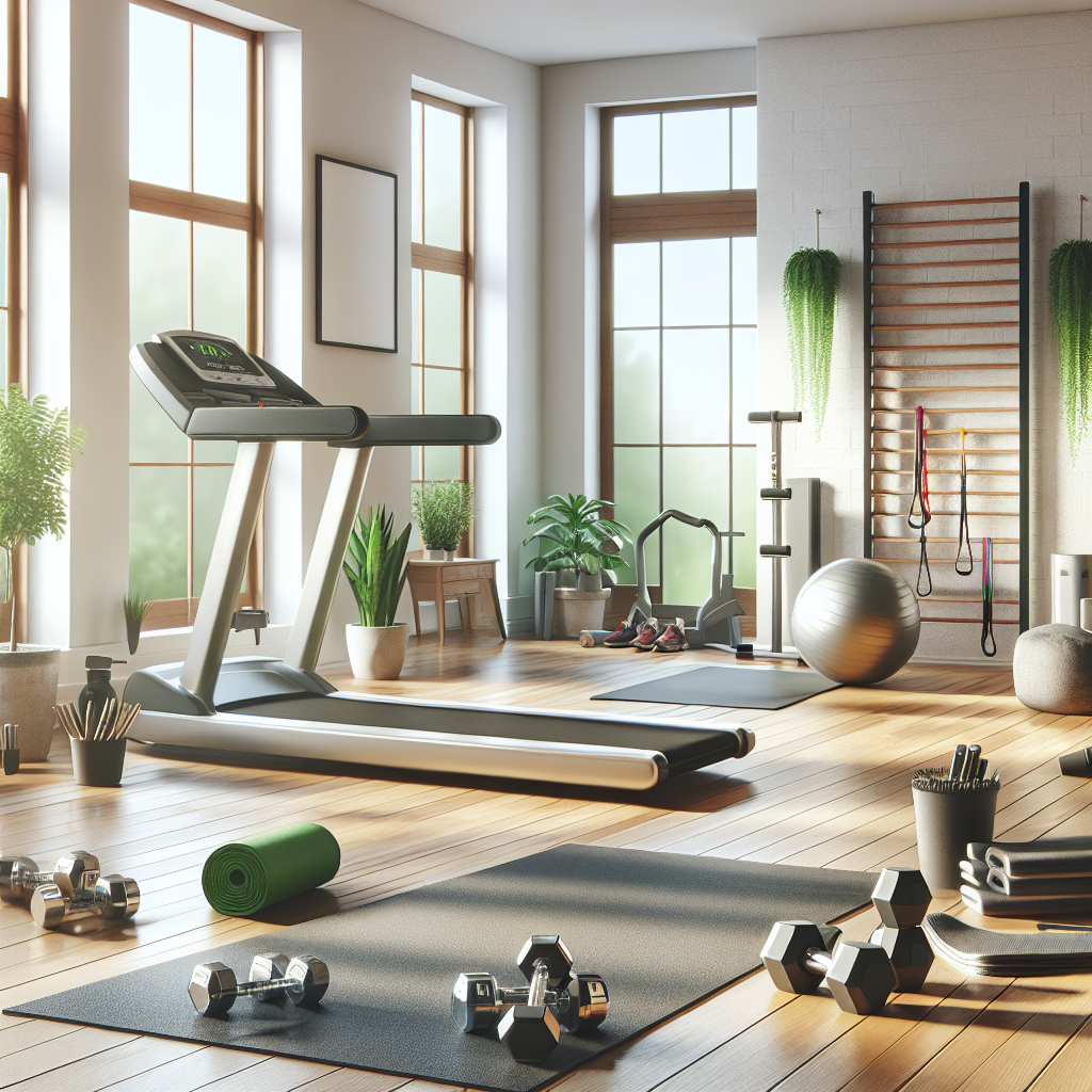 A well-organized home gym setup with dumbbells, a treadmill, resistance bands, and a yoga mat, highlighted by natural light and potted plants for a fresh look.