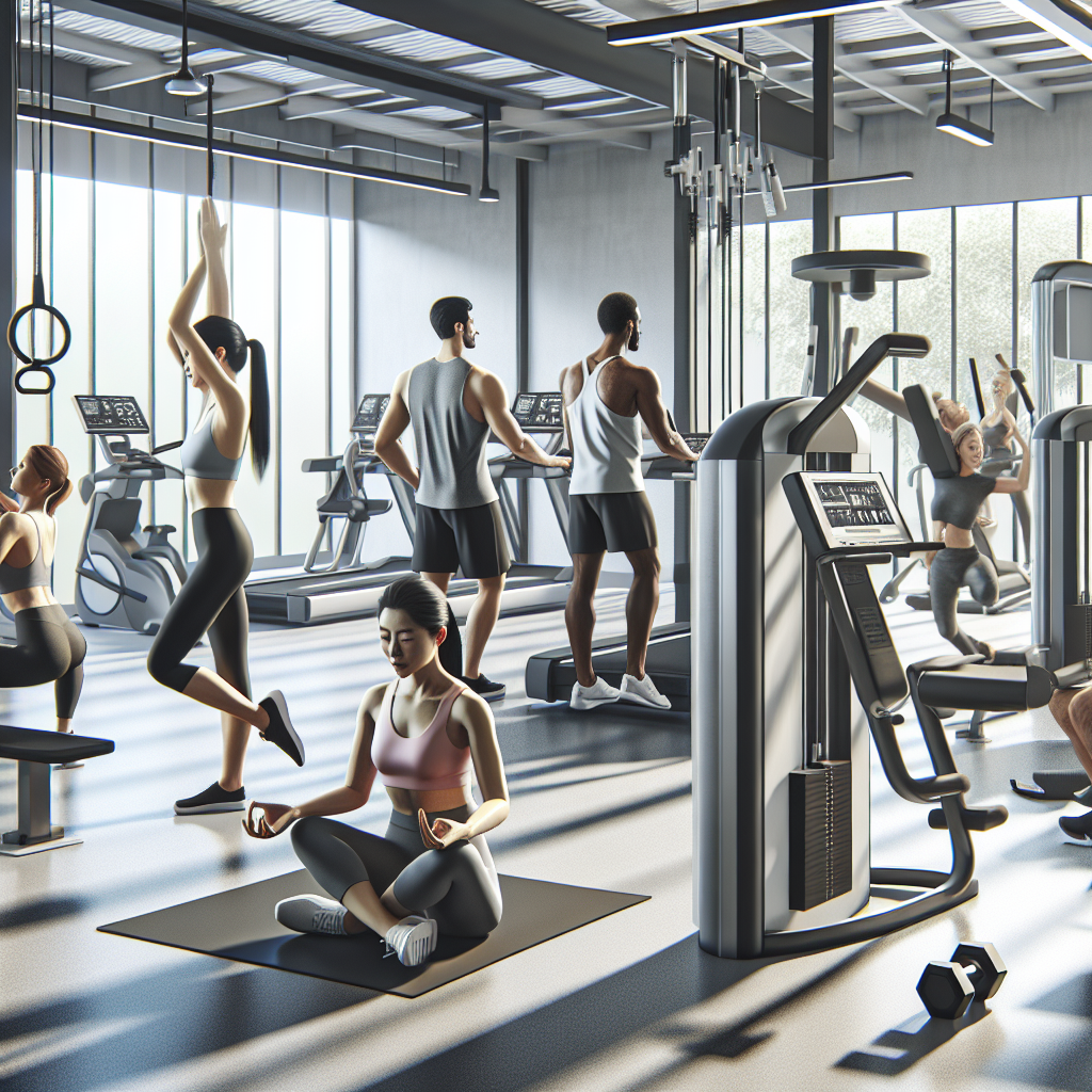 A modern gym showcasing diverse people using advanced workout equipment and practicing various fitness activities.