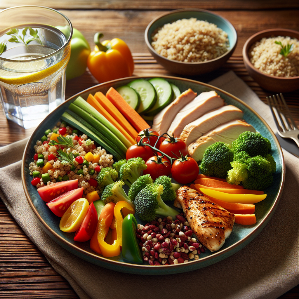 A balanced meal with grilled chicken, fresh vegetables, quinoa, and a glass of water on a wooden table.