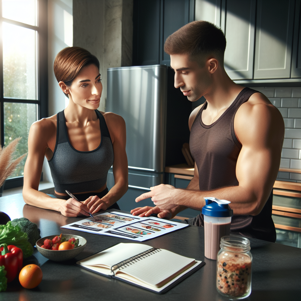 A nutrition coach discussing a meal plan with a young athlete in a modern kitchen.