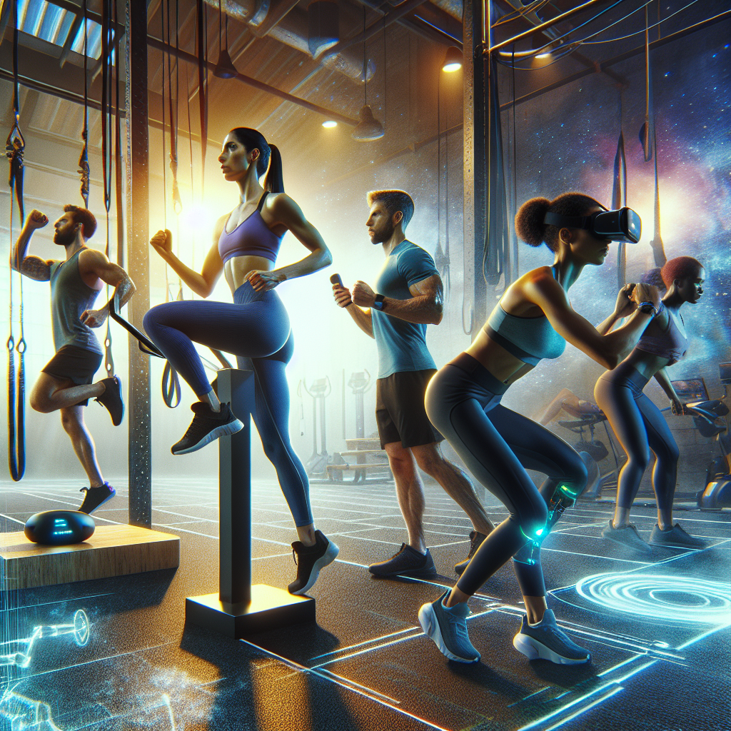 A diverse group of people engaging in various innovative fitness activities like HIIT, VR workouts, and using fitness trackers.