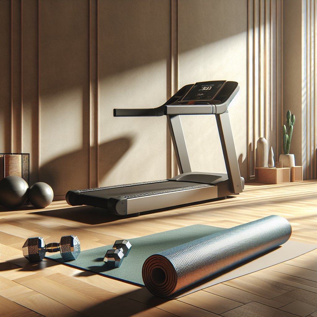 A realistic depiction of a home gym with essential equipment including dumbbells, a treadmill, and a yoga mat in a well-lit room.