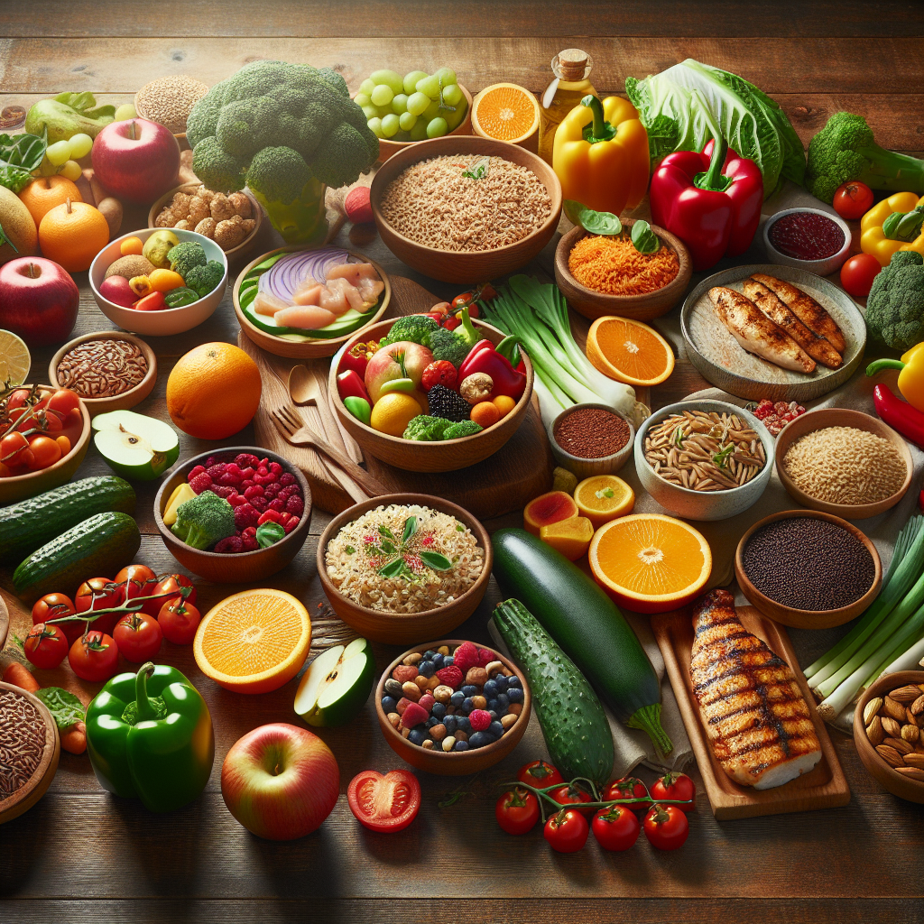 A realistic image of a healthy meal with fresh fruits, vegetables, whole grains, and lean proteins on a wooden table.